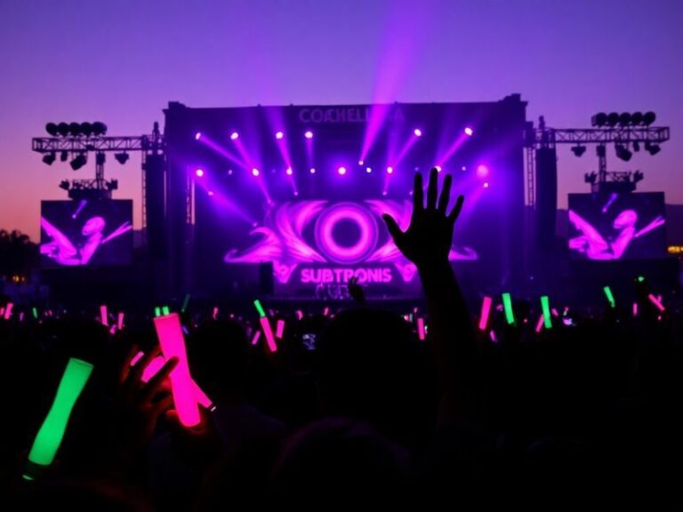 A vibrant concert scene with Subtronics performing on stage at Coachella's Sahara Tent, surrounded by colorful visual project