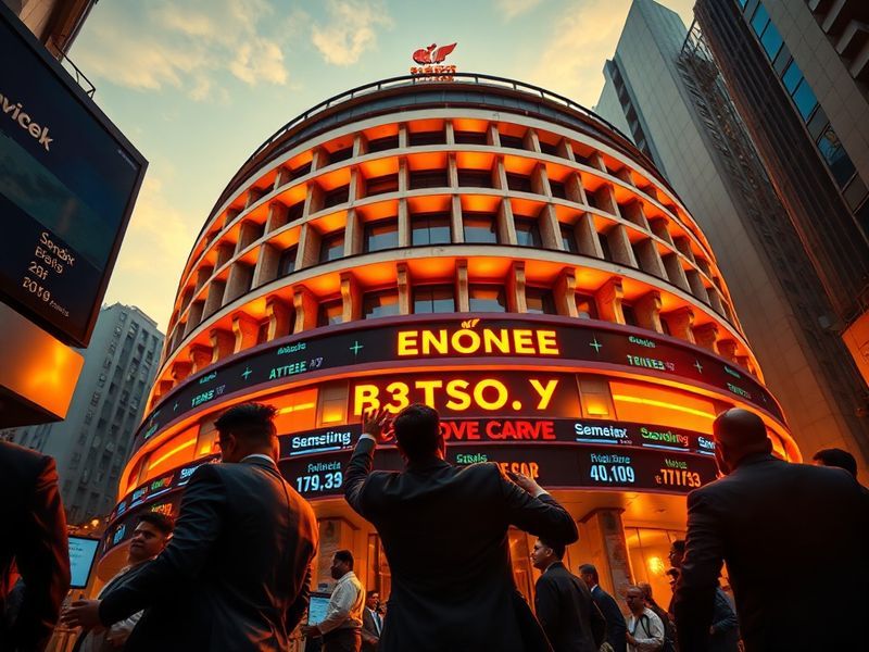 A dynamic trading floor at the Bombay Stock Exchange with digital screens displaying Sensex real-time data. The scene include