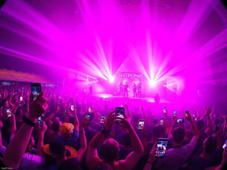 A vibrant stage shot of Subtronics performing at Coachella, featuring a massive LED backdrop with pulsing lights, a crowd in
