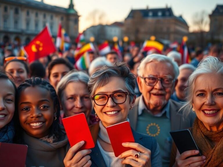 A diverse group of people holding passports and digital devices, symbolizing the blend of traditional and modern citizenship