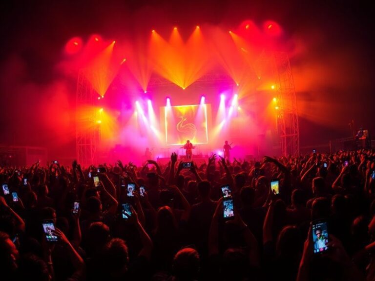 A vibrant concert photo of Subtronics on the Sahara Tent stage at Coachella, featuring neon lights, a DJ setup with multiple