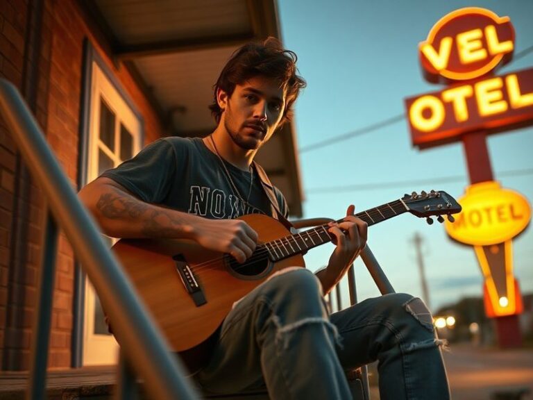 A candid live performance shot of Dominic Fike on stage, mid-song, wearing a mix of casual and stylish attire. The background