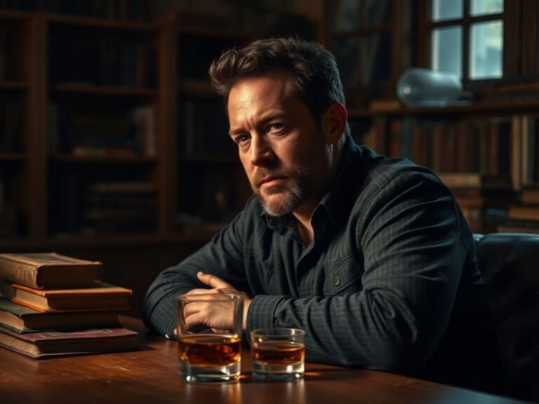 A cinematic portrait of Ben Affleck in a dark suit, standing in front of a moody urban backdrop with a mix of neon and shadow