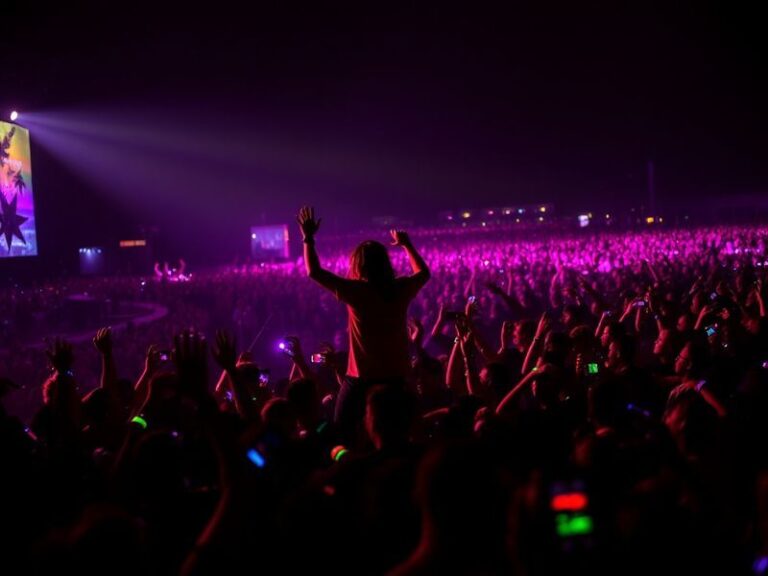 A vibrant, neon-lit stage at Coachella’s Sahara Tent filled with a diverse crowd moshing under a digital light show. Subtroni