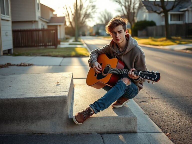 A candid live shot of Dominic Fike performing on stage, wearing a casual outfit with a guitar, bathed in warm stage lights wi