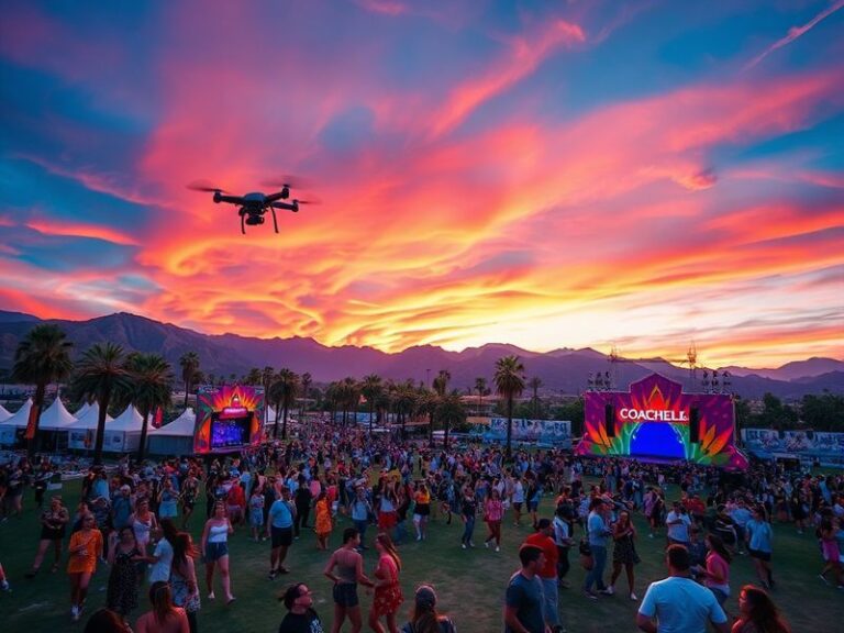 A vibrant aerial shot of Coachella festival grounds under blazing desert sun, with palm trees, colorful tents, and crowds see