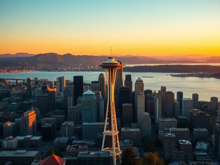 A panoramic view of Seattle’s skyline with Mount Rainier in the background, featuring modern skyscrapers, the Space Needle, a