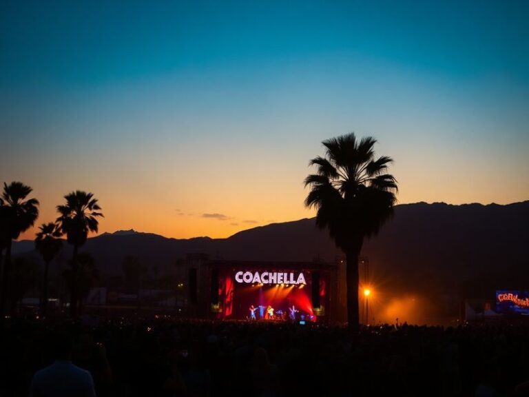 A vibrant nighttime shot of Coachella’s main stage, lit with neon and stage lights, with a large crowd visible under the star