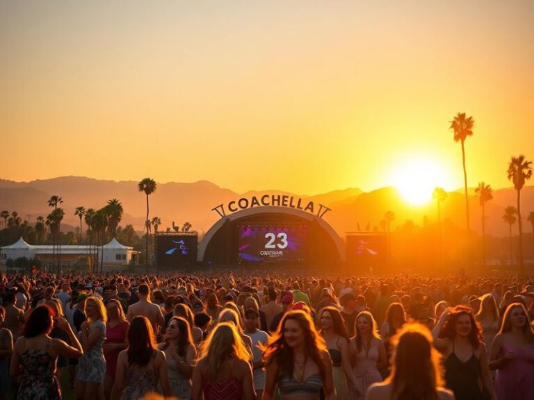 A vibrant aerial shot of Coachella’s festival grounds under a blazing midday sun, with attendees in colorful outfits and wide