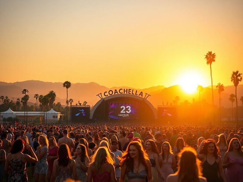 A vibrant aerial shot of Coachella’s festival grounds under a blazing midday sun, with attendees in colorful outfits and wide