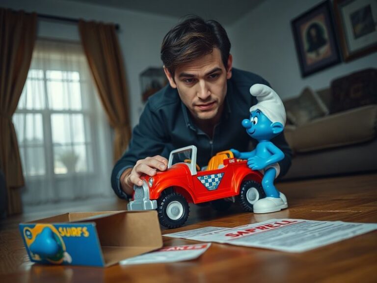 A concerned parent checks a toy recall notice on their phone while a child plays with a playset in the background. The scene