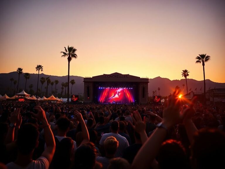 A wide aerial shot of the Coachella festival grounds at dusk, with stage lights glowing and crowds dispersing after the final
