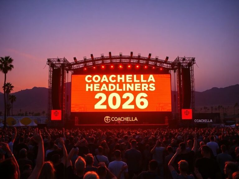 A vibrant aerial shot of Coachella’s main stage at sunset, packed with a diverse crowd under colorful stage lights, with palm