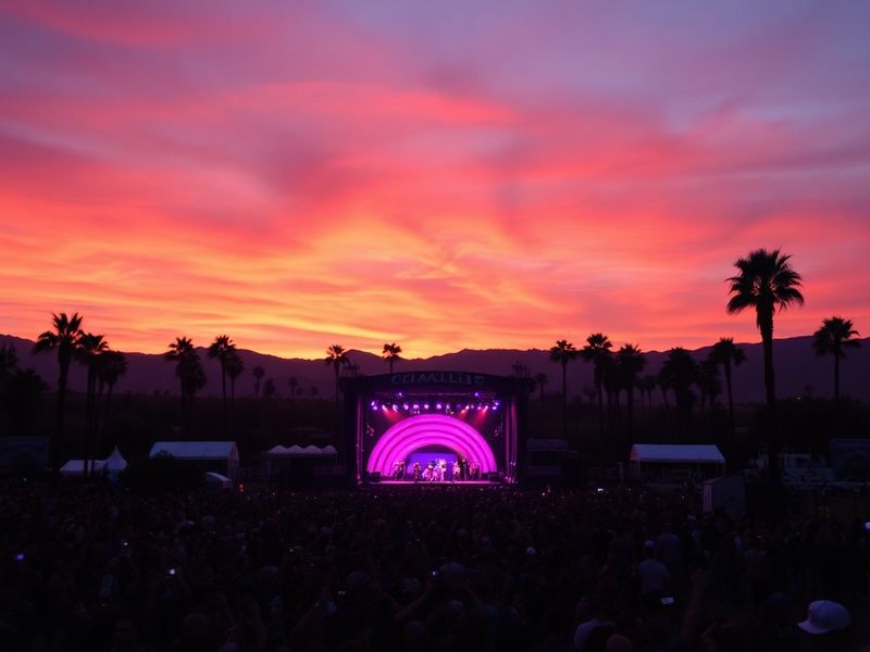 A vibrant sunset over Coachella’s Empire Polo Club with stage lights glowing in the distance, silhouetted crowds dancing, and