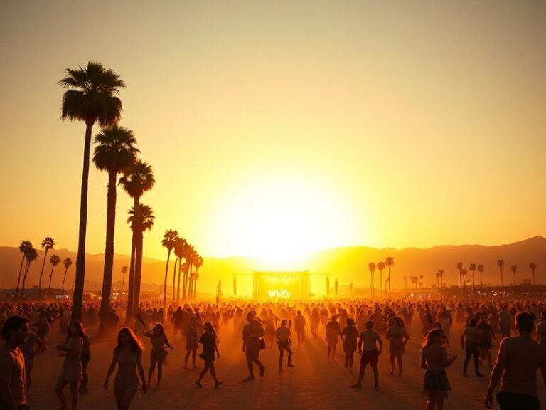 Aerial view of Coachella festival grounds under bright midday sun, showing crowds under shaded areas and palm trees with dust