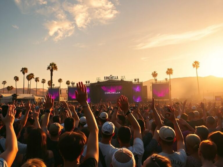 A vibrant aerial view of the Coachella festival grounds at sunset, showcasing the iconic Ferris wheel, palm trees, and large