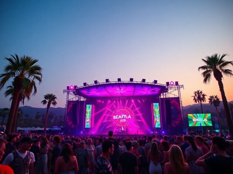 A vibrant aerial shot of Coachella 2023’s main stage at sunset, with massive crowds dancing, neon art installations glowing,