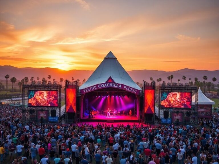 A vibrant aerial shot of Coachella 2023 at sunset, showing the Empire Polo Club filled with crowds, colorful art installation
