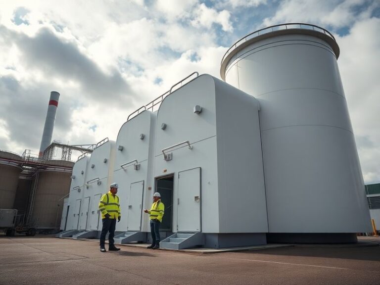 A sleek, futuristic rendering of the Rolls-Royce SMR facility at dusk, showing modular reactor units with glowing blue coolin