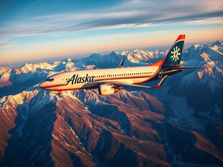 A Boeing 737 MAX aircraft operated by Alaska Airlines taking off from a misty Seattle-Tacoma International Airport runway, wi