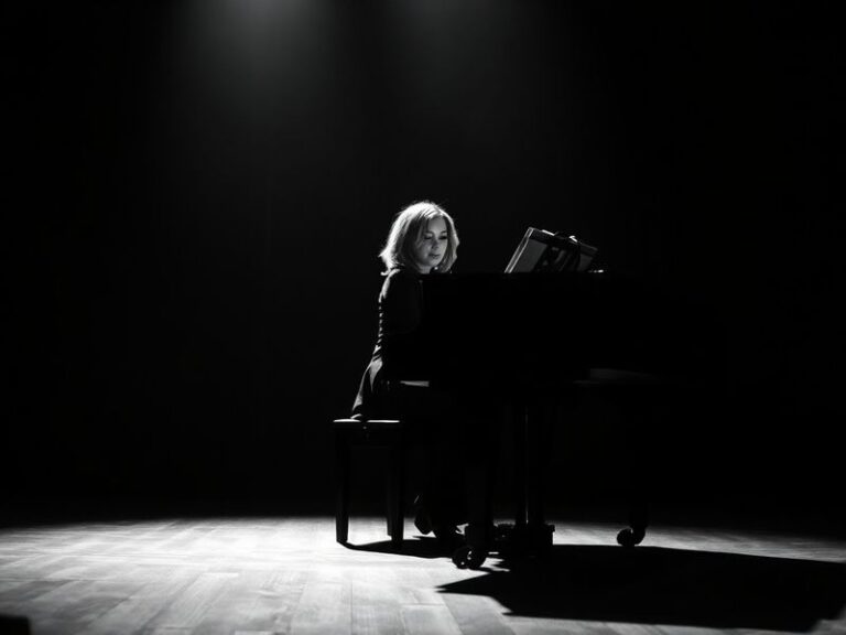 A moody, cinematic photograph of Tori Amos seated at a grand piano on an empty stage, bathed in warm amber lighting. She is m