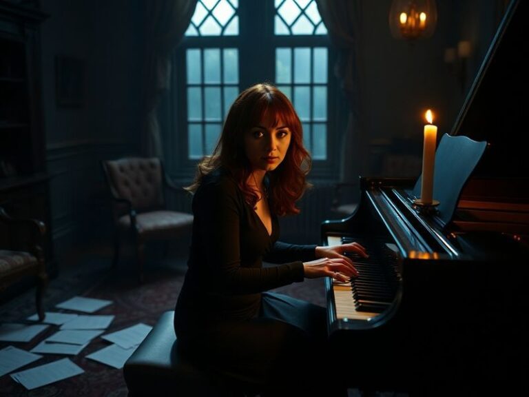 A moody, intimate photograph of Tori Amos at a grand piano in a dimly lit concert hall, her hands mid-play, wearing a flowing