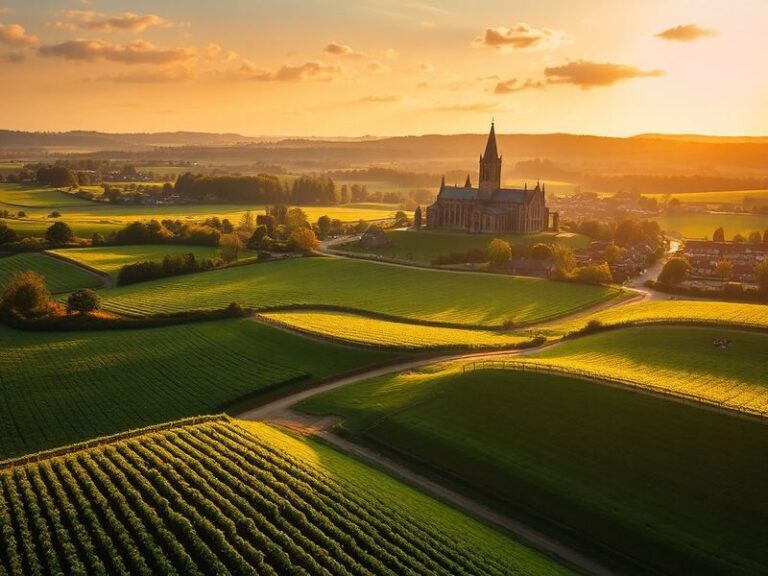 Aerial view of the Surrey Hills at golden hour, featuring rolling green hills, dense forests, and scattered historic estates