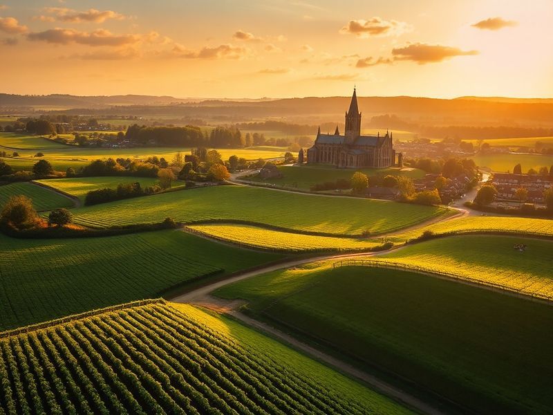 Aerial view of the Surrey Hills at golden hour, featuring rolling green hills, dense forests, and scattered historic estates