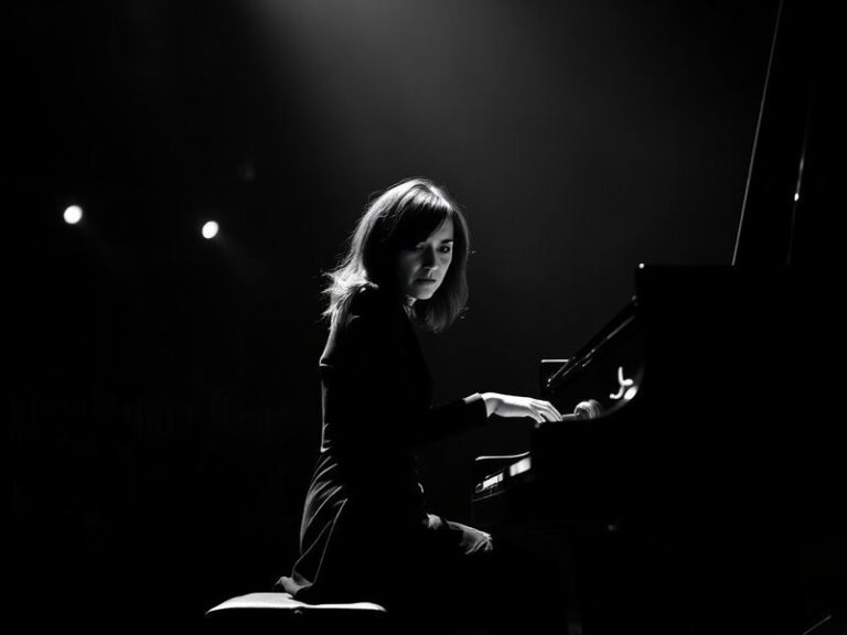 A moody, atmospheric photo of Tori Amos performing live on stage, bathed in warm stage lighting, with her hands poised above