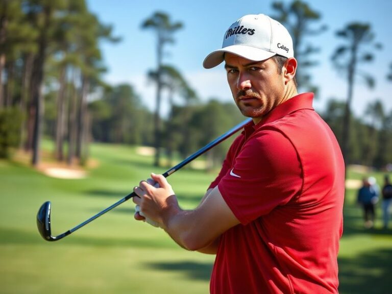 A tense moment on the golf course with Scottie Scheffler and another player in the background, referees reviewing footage on