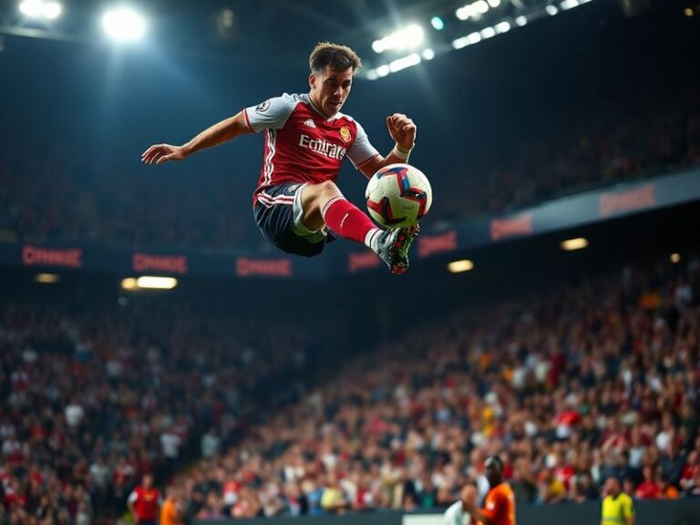 A vibrant stadium scene during a Premier League match, showcasing global fans in team colors, bright lights, and dynamic acti
