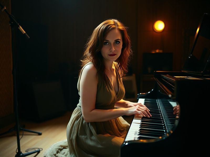 A moody, atmospheric photo of Tori Amos performing on stage, bathed in candlelight, wearing a flowing dress, with a grand pia