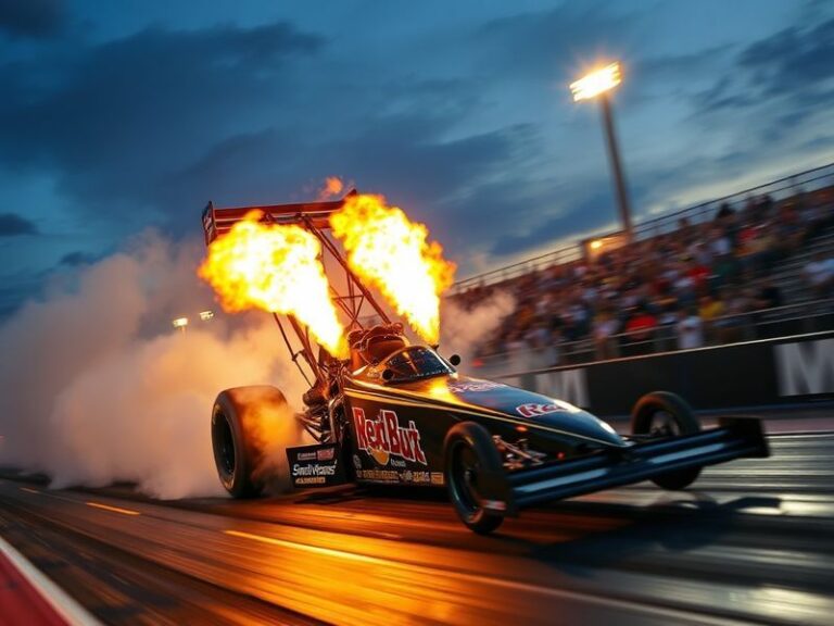 A dynamic shot of a Top Fuel dragster launching off the line at a NHRA event, with smoke billowing from the tires and the dri