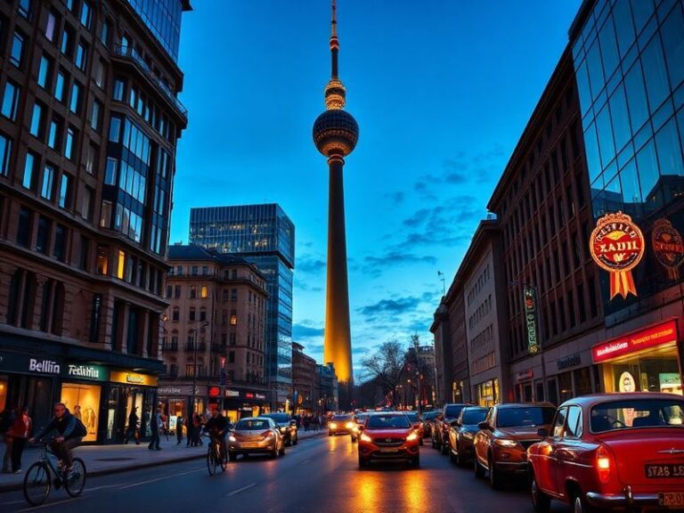 A vibrant urban scene of Berlin at dusk, featuring the Fernsehturm (TV Tower) against a backdrop of colorful street art, hist