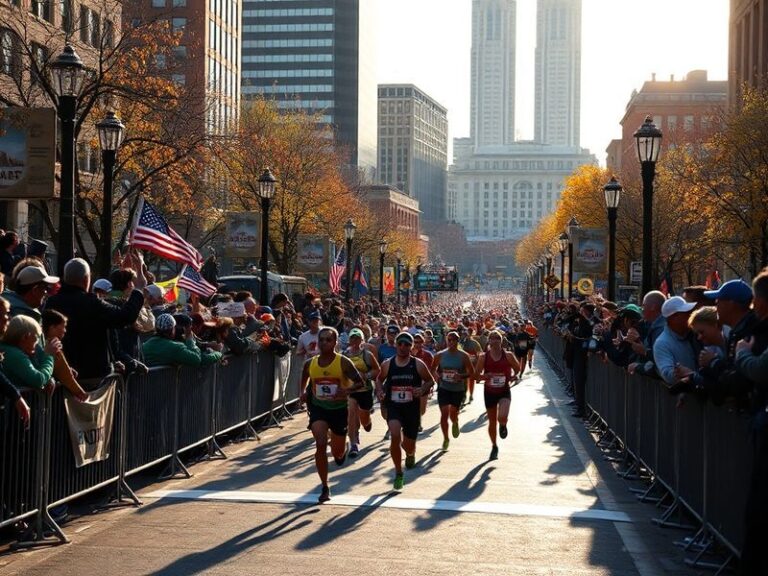 A vibrant crowd cheering runners at the Boston Marathon finish line on Boylston Street, with the John Hancock building in the