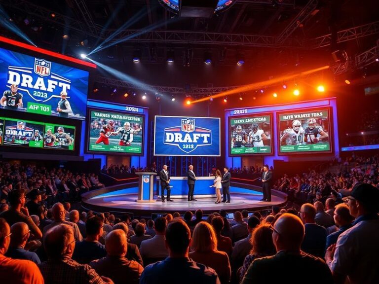 A vibrant scene inside Campus Martius Park in Detroit during the NFL Draft, featuring fans, large screens displaying player s