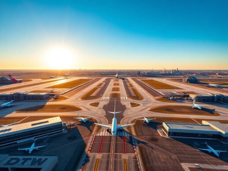Aerial view of Detroit Metropolitan Wayne County Airport (DTW) showcasing its three terminals, runways, and surrounding lands