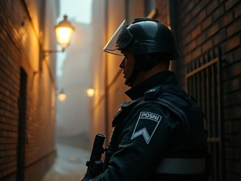 A uniformed PSNI officer walking through a quiet residential street in Belfast, with a peace wall and Union Jack flag visible