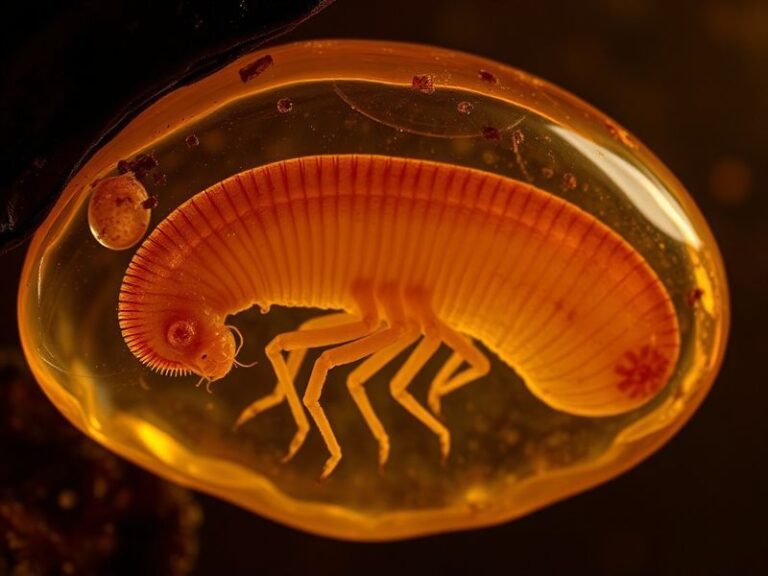 A detailed 3D-rendered illustration of the Cambrian-era embryonic fossil, Baby Ness, showing segmented limbs and antennae aga