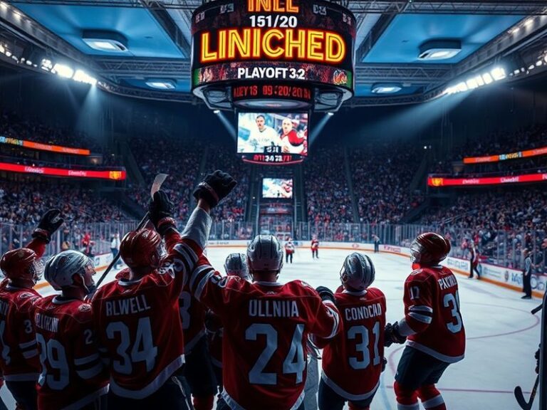 A tense locker room scene with players watching a scoreboard, showing the final minutes of a high-stakes NHL game. The atmosp