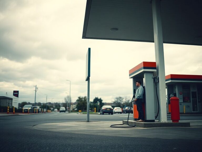A gas station in Ireland with nearly empty fuel pumps, surrounded by green rolling hills in the background. The scene is tens