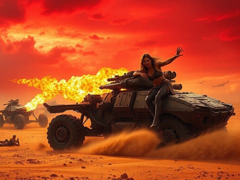A dynamic shot of the War Rig speeding through a dusty desert landscape, with Furiosa and Max in the foreground, surrounded b