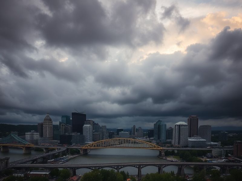 A panoramic view of Pittsburgh’s skyline during a dramatic winter storm, with snow-covered rooftops, icy streets along the ri