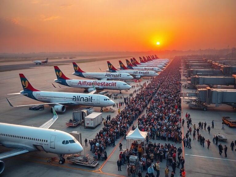 A busy Asian airport terminal with delayed flight announcements on screens, passengers checking phones for updates, and lugga