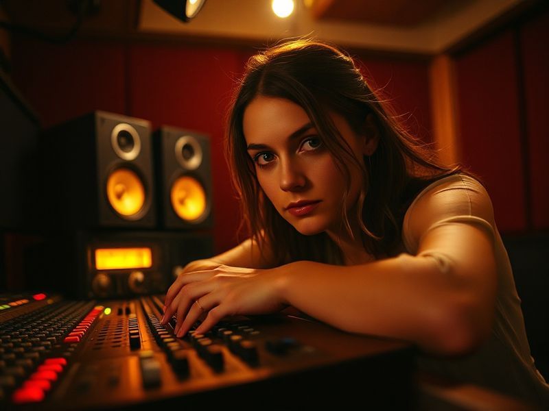 A professional portrait of Rebecca Crews in a modern media setting, wearing business casual attire, with a confident expressi