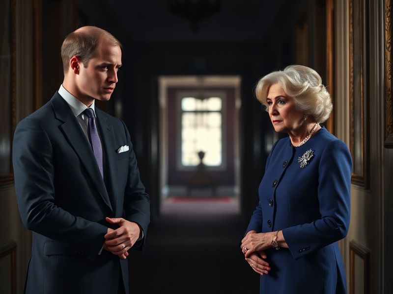A formal royal family portrait featuring King Charles III, Prince William, Kate Middleton, and Camilla, Queen Consort, with a