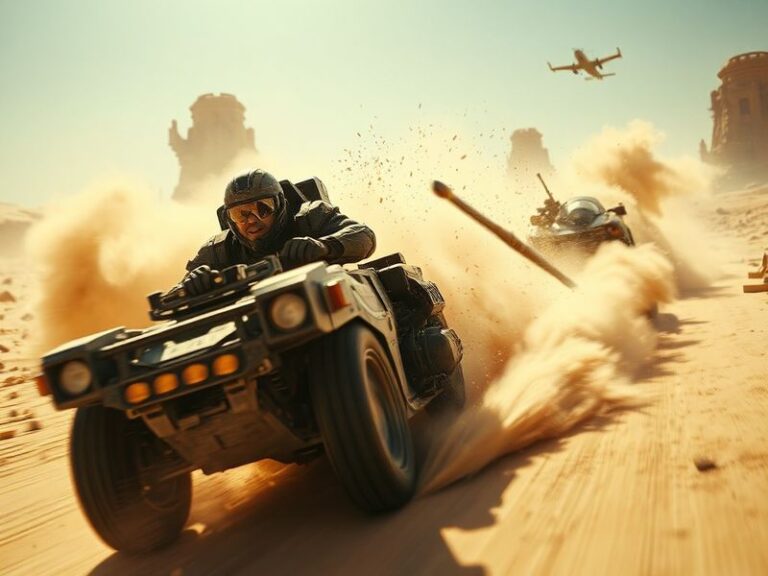 A high-octane scene from Mad Max: Fury Road featuring the War Rig speeding across a desert wasteland, with sand and debris fl