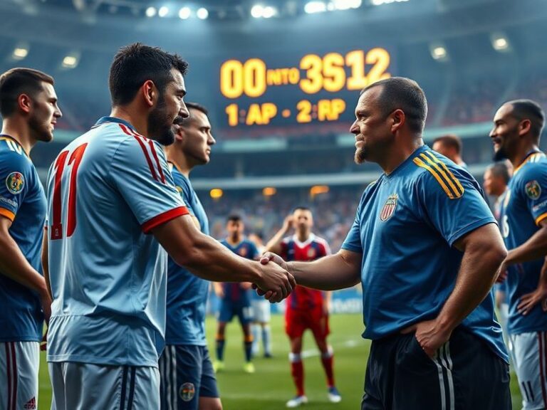 A vibrant stadium atmosphere during a football match, with fans in team colors, players on the pitch, and a scoreboard showin