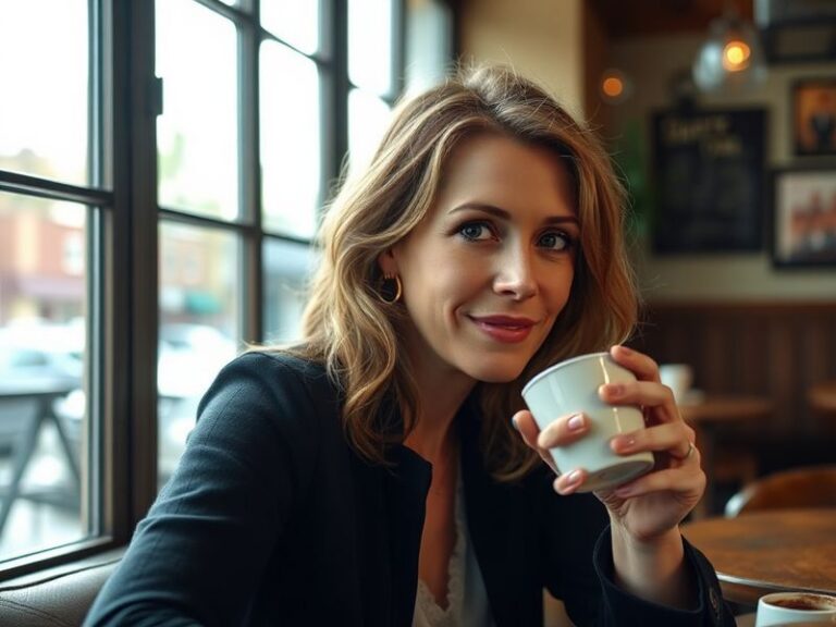A candid, warmly lit portrait of Sarah Chalke in a modern setting—perhaps a living room or green room—wearing a casual yet st