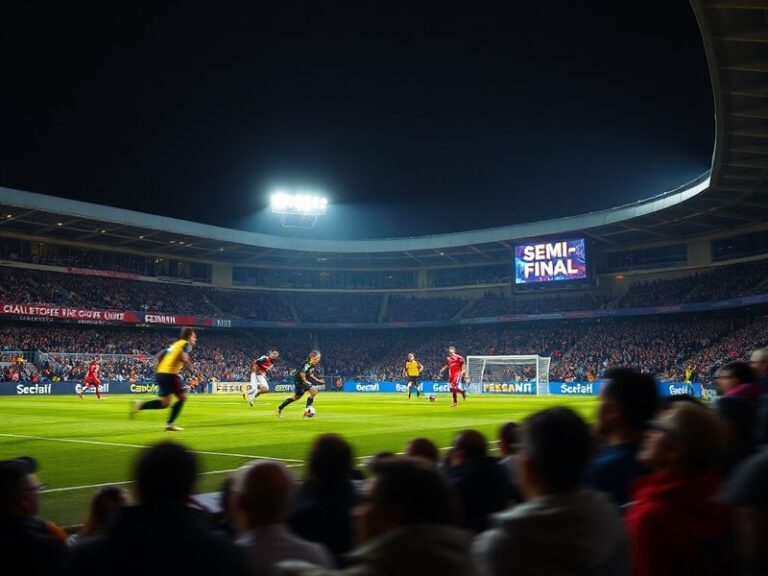 A vibrant stadium filled with passionate fans in team colors, holding scarves and banners, under floodlights during a twiligh